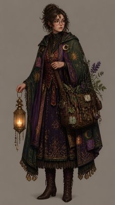 full-body original character: a wandering botanist with a satchel of plants, a patched green cloak, tall boots and round glasses, neutral background