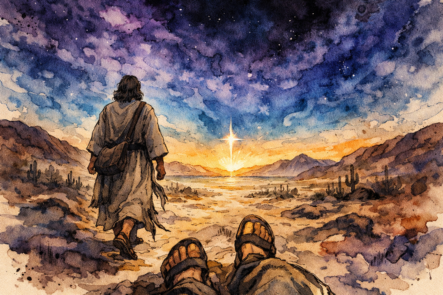 Personal POV scene. Me and Jesus in the desert on a cool morning at daybreak walking toward a bright star. Jesus is wearing old clothes and carrying a satchel. I’m wearing old clothes and sandals just like Him. The air is cool and crisp. The sky is bright blue on the horizon with deep purple fading into black at the upper atmosphere. The air is crisp and clear. It’s like the desert in California looking east toward Arizona. There are desert hills on the north and south sides and mountains in the distance.