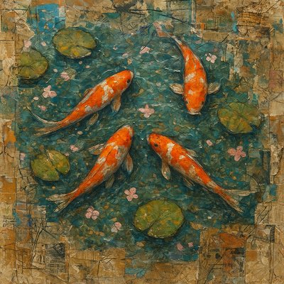 A koi pond seen from above, orange and white koi fish swimming among lily pads, clear water with subtle ripples, fallen cherry blossom petals floating on the surface, dappled sunlight