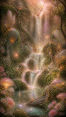 a cascading waterfall in a lush green gorge, no people