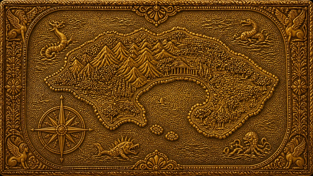 a map of an island realm with mountains, forests, a sheltered bay, sea monsters in the water and a compass rose, no text labels