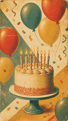 a birthday cake with lit candles surrounded by balloons and confetti, festive vertical composition, no text