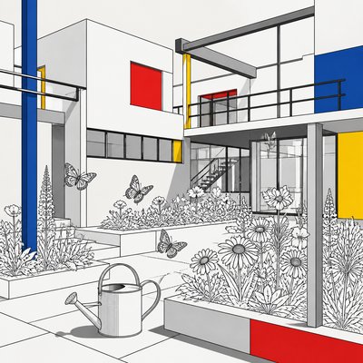 a garden scene with butterflies, flowers and a watering can, clean uncolored line art, no text