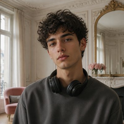 head-and-shoulders portrait of an original character: a young man with curly dark hair and headphones around his neck, plain backdrop, no text