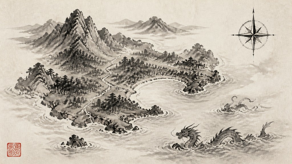 a map of an island realm with mountains, forests, a sheltered bay, sea monsters in the water and a compass rose, no text labels