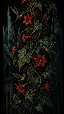a climbing vine of flowers and hummingbirds on a dark background, tall wrapping composition, no text