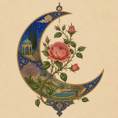 a rose entwined with a crescent moon, clean balanced composition on a plain background, no text