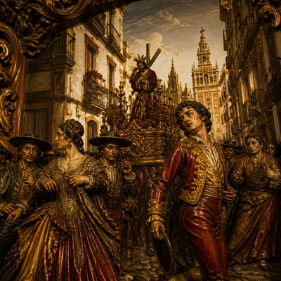 urban street with city activity — Seville Art Style