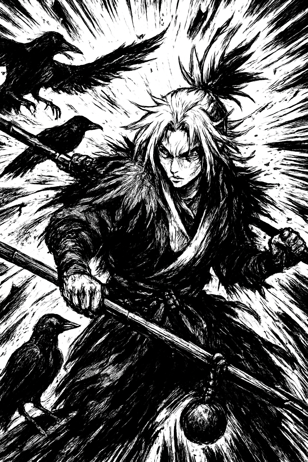 a black and white drawing of a man with a sword