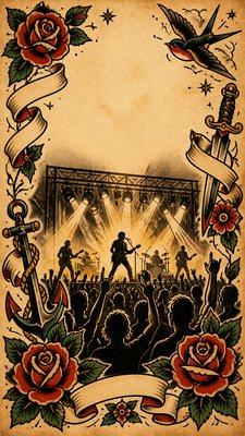 a live music scene with a glowing stage and silhouetted crowd, energetic vertical composition with open space at the top, no text