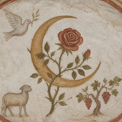 a rose entwined with a crescent moon, clean balanced composition on a plain background, no text