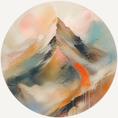 an emblem of a mountain peak inside a circle, simple bold shapes on a plain background, no text or lettering