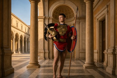a man in a costume holding a sword and a shield