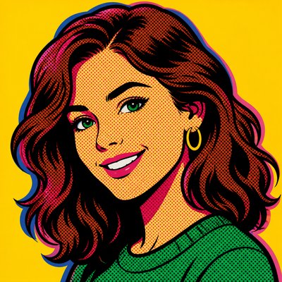 head-and-shoulders portrait of an original character: a young woman with wavy chestnut hair and a warm smile, plain soft backdrop