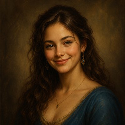 head-and-shoulders portrait of an original character: a young woman with wavy chestnut hair and a warm smile, plain soft backdrop