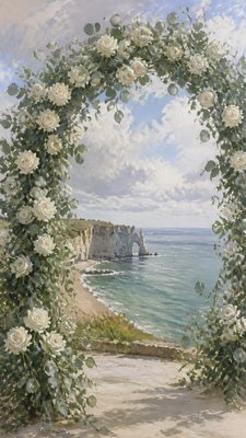 an arch of white roses and eucalyptus in soft morning light, elegant vertical composition with open space, no text