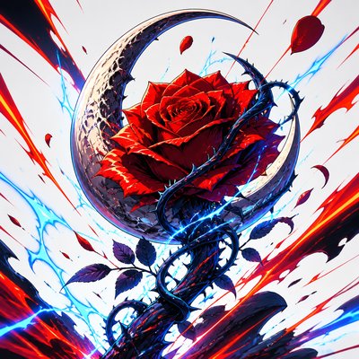 a rose entwined with a crescent moon, clean balanced composition on a plain background, no text
