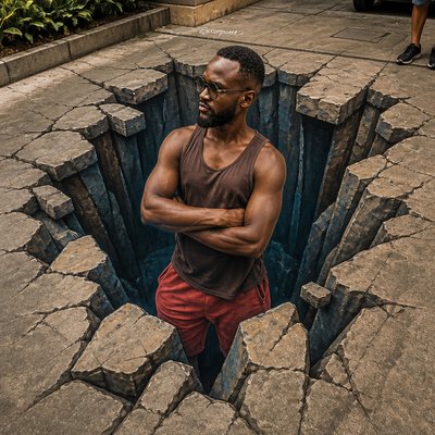 a man standing in a hole with his arms crossed