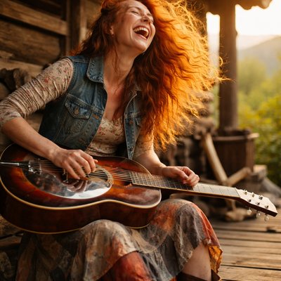 Documentary Photography Style, Analog Film Grain, Warm Golden Hour Backlighting. A dynamic, joyful candid shot of a young Appalachian woman with wildly flowing, fiery red hair playing a dobro resonator guitar with immense energy on the porch of an old log cabin.

The Action & "Lively" Feel: She is sitting on a rough wooden stool with the dobro flat on her lap. She is caught mid-song, head thrown back in laughter, her red hair caught in a breeze and lit up by the setting sun. Her left hand, holding a metal slide bar, is blurring across the neck, and her right hand (wearing fingerpicks) is a blur of motion over the strings.

The Instrument: A well-used square-neck dobro. The distinctive, round shiny metal resonator cover plate reflects the warm sunset light intensely.

The Attire: Rustic and practical: a worn denim vest over a floral thermal shirt, a long patchwork skirt, and dusty leather boots.

The Setting: The cluttered log cabin porch with the hazy mountain ridges in the background remains, enhancing the authentic feel.