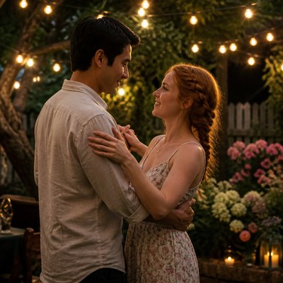 an original couple dancing under string lights in a garden at dusk: a man with short black hair in a linen shirt and a woman with braided red hair in a summer dress