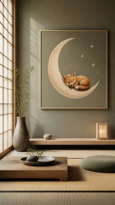 a sleeping baby fox curled on a crescent moon among soft stars, gentle and warm, no text