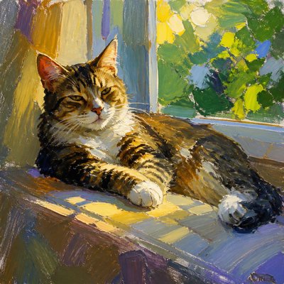 a cat lounging in a sunlit window
