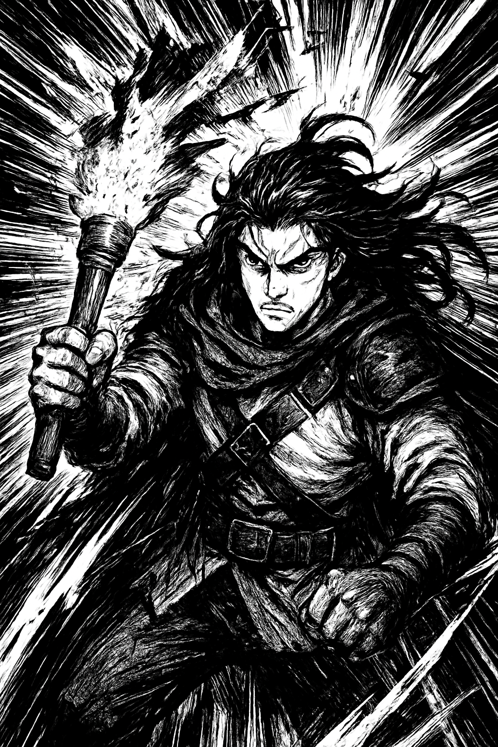 a black and white drawing of a man holding a sword