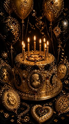 a birthday cake with lit candles surrounded by balloons and confetti, festive vertical composition, no text