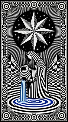 a robed figure pouring water beneath a large eight-pointed star in a night sky, symmetrical composition with an ornate decorative border, no text