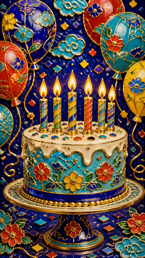 a birthday cake with lit candles surrounded by balloons and confetti, festive vertical composition, no text