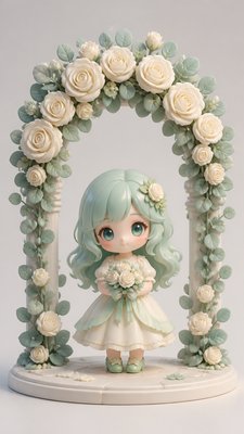 an arch of white roses and eucalyptus in soft morning light, elegant vertical composition with open space, no text