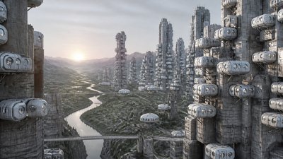 a vast valley with a river winding toward distant mountains at sunrise, no people, no text