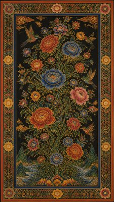 a climbing vine of flowers and hummingbirds on a dark background, tall wrapping composition, no text