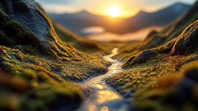 a vast valley with a river winding toward distant mountains at sunrise, no people, no text