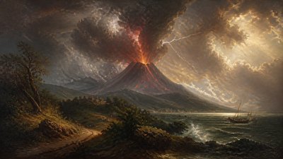 an erupting volcano with lightning strikes, dramatic wide composition, no text