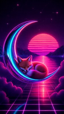a sleeping baby fox curled on a crescent moon among soft stars, gentle and warm, no text