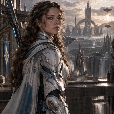 Je veux que tu me fasses une hyper realiste guerriere, tres modern avec une armure moderne genre full blanc bleu claire argenté et des cheveux brun clair bouclés, elle a des yeux bleu claire brillant, on dirait presque une deesse nordique dans une ville futuriste ancienne , un corp realiste et un visage realiste ne me fait pas un truc idéalise