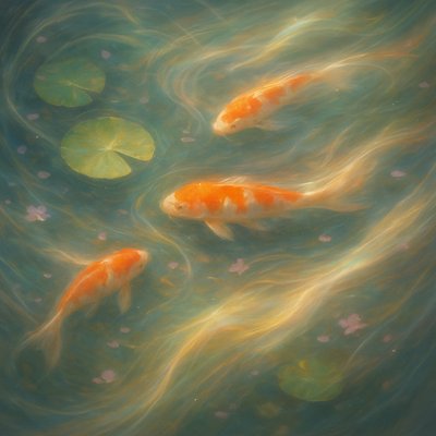 A koi pond seen from above, orange and white koi fish swimming among lily pads, clear water with subtle ripples, fallen cherry blossom petals floating on the surface, dappled sunlight