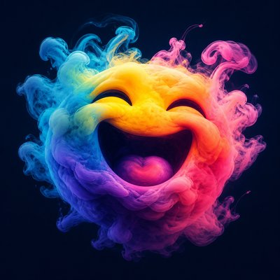 an exaggerated laughing face of an original round mascot character, bold and readable at small size, plain background, no text