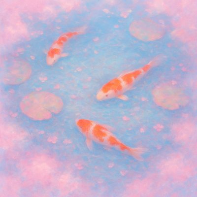A koi pond seen from above, orange and white koi fish swimming among lily pads, clear water with subtle ripples, fallen cherry blossom petals floating on the surface, dappled sunlight