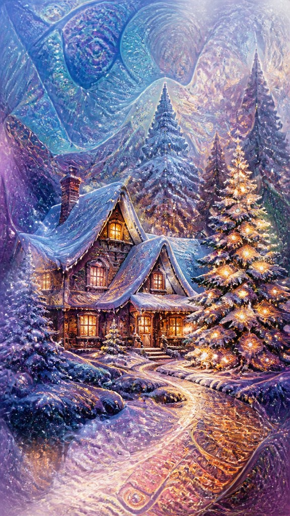 a snow-covered cottage with warm glowing windows beside a decorated pine tree, gentle snowfall, no text