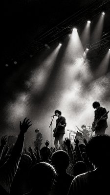 a live music scene with a glowing stage and silhouetted crowd, energetic vertical composition with open space at the top, no text