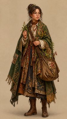 full-body original character: a wandering botanist with a satchel of plants, a patched green cloak, tall boots and round glasses, neutral background