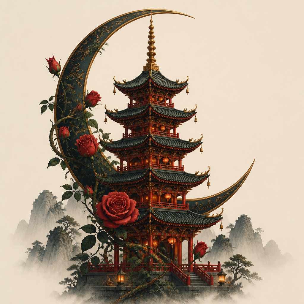 a rose entwined with a crescent moon, clean balanced composition on a plain background, no text