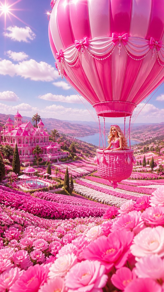 a hot air balloon drifting over rolling flower fields on a sunny day, cheerful, no text