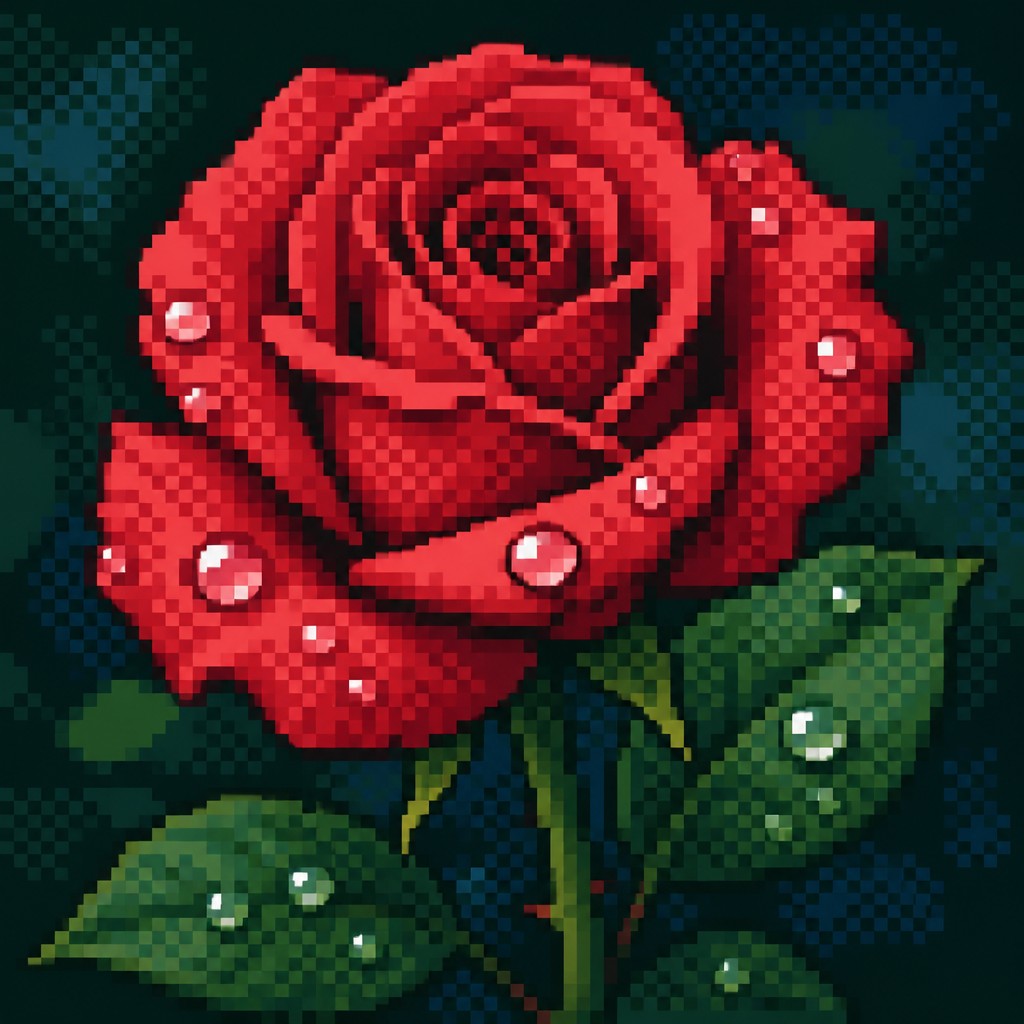 a single blooming rose with dew drops, close up