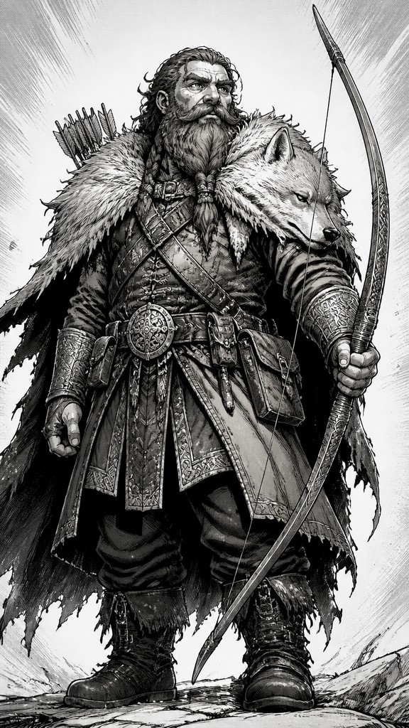 full-body original character: a dwarven ranger with a braided auburn beard, worn leather armor, a longbow and a wolf-pelt cloak, neutral background, no text