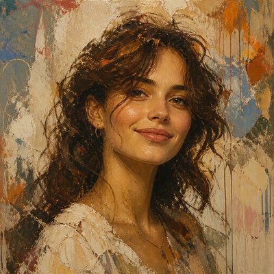 head-and-shoulders portrait of an original character: a young woman with wavy chestnut hair and a warm smile, plain soft backdrop