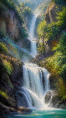 a cascading waterfall in a lush green gorge, no people
