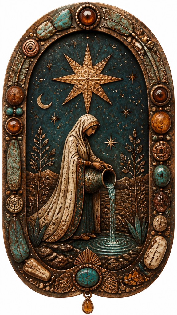 a robed figure pouring water beneath a large eight-pointed star in a night sky, symmetrical composition with an ornate decorative border, no text